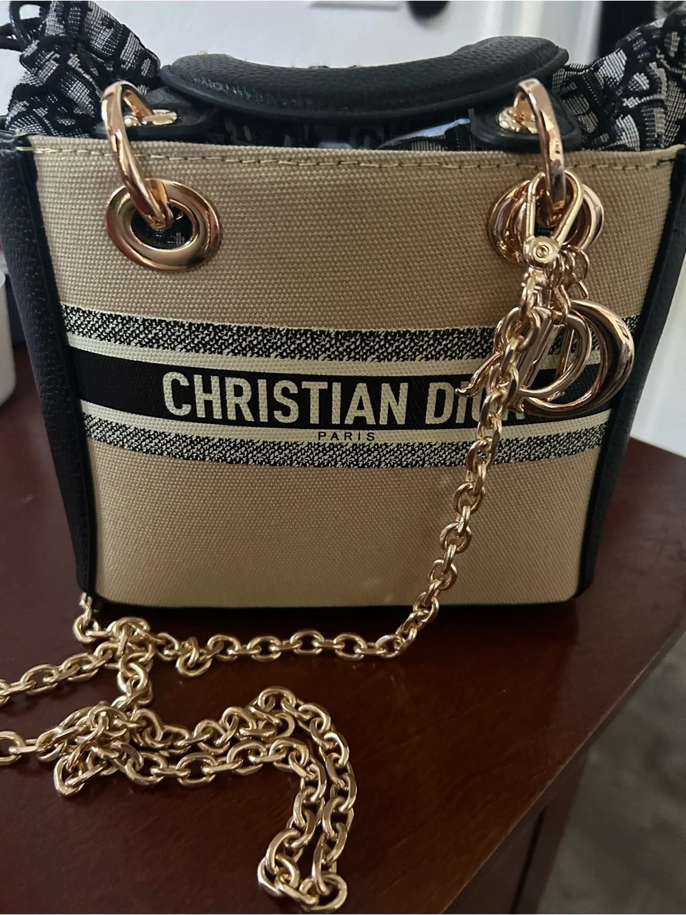 Fashion Beige Canvas Mini Bag with Black Trim and Gold Hardware - Picture 1 of 6